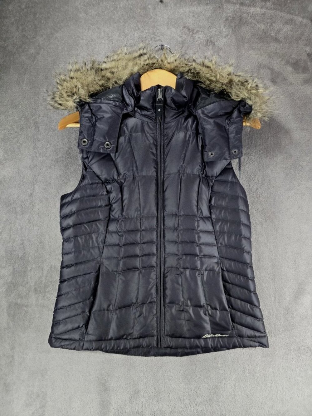 Eddie Bauer Black Classic Down Puffer Vest Jacket Hooded Faux Fur Trim Women's S